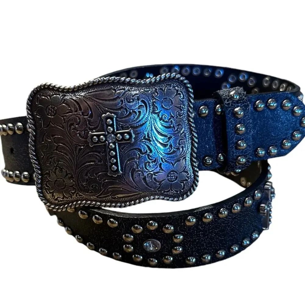 Nocona Boots Western Black & Silver Leather Belt  Silver Studs and Cross Trim 28